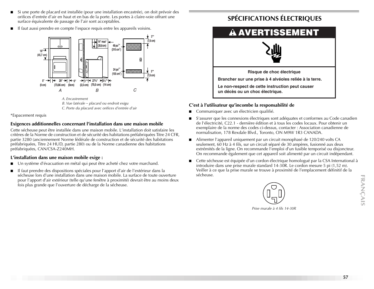 Avertissement, Spécifications électriques | Maytag ELECTRIC DYER User Manual | Page 57 / 72