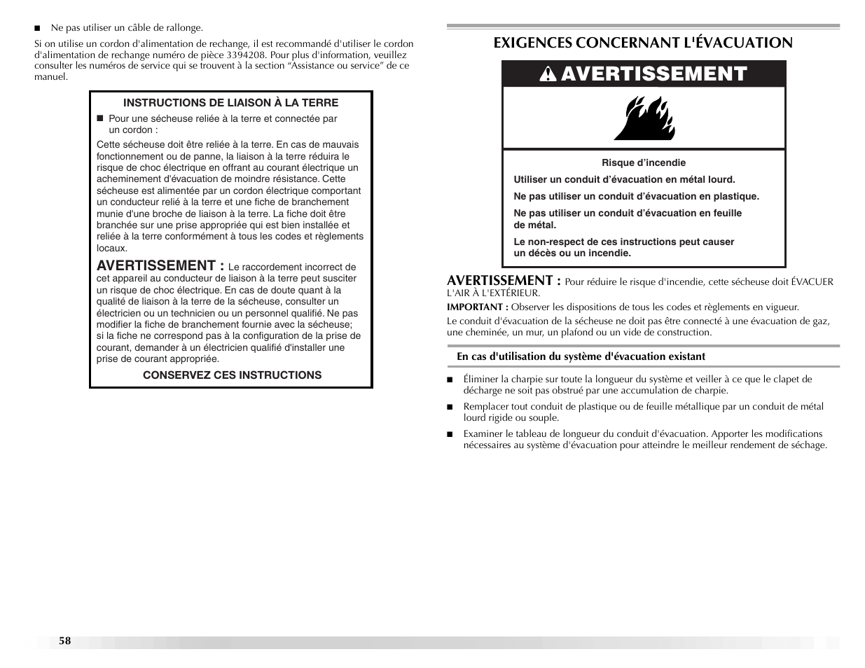 Exigences concernant l'évacuation, Avertissement | Maytag ELECTRIC DYER User Manual | Page 58 / 72