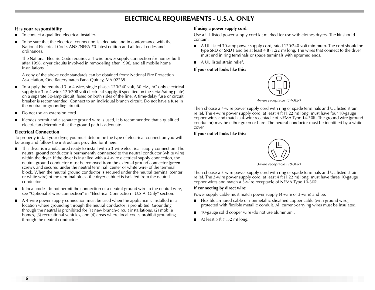 Electrical requirements - u.s.a. only | Maytag ELECTRIC DYER User Manual | Page 6 / 72