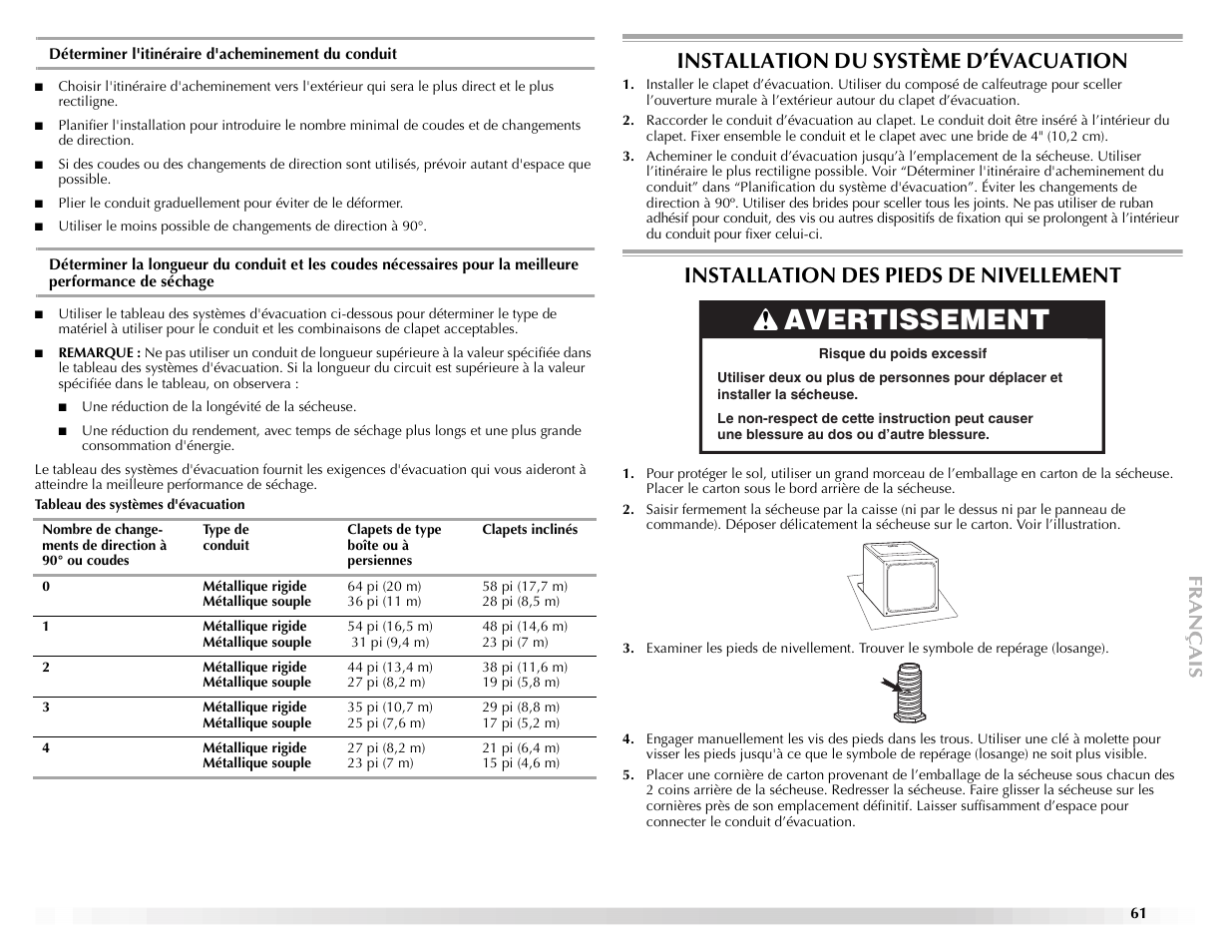 Avertissement, Installation du système d’évacuation, Installation des pieds de nivellement | Maytag ELECTRIC DYER User Manual | Page 61 / 72