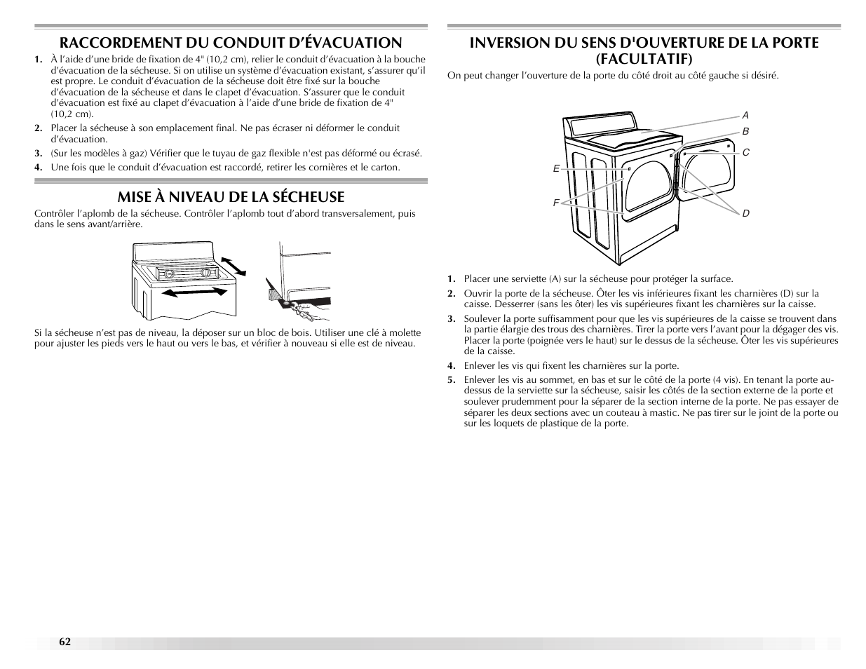 Raccordement du conduit d’évacuation, Mise à niveau de la sécheuse | Maytag ELECTRIC DYER User Manual | Page 62 / 72