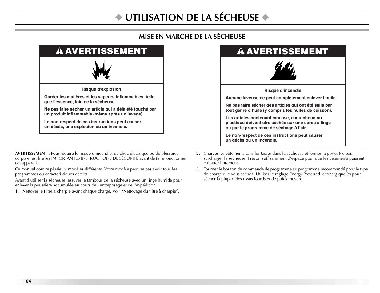 Utilisation de la sécheuse, Avertissement | Maytag ELECTRIC DYER User Manual | Page 64 / 72