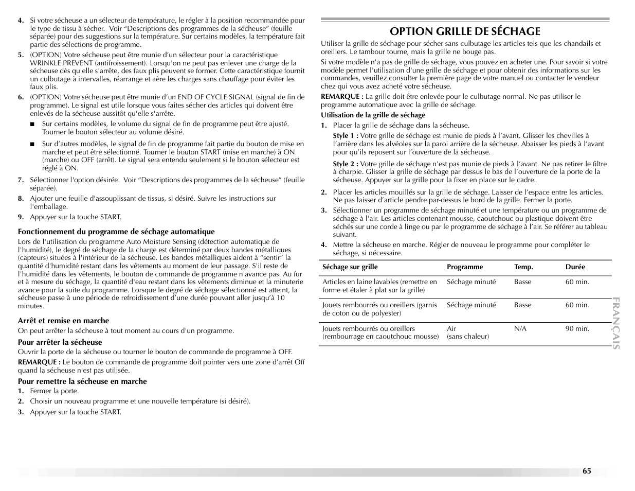 Option grille de séchage | Maytag ELECTRIC DYER User Manual | Page 65 / 72