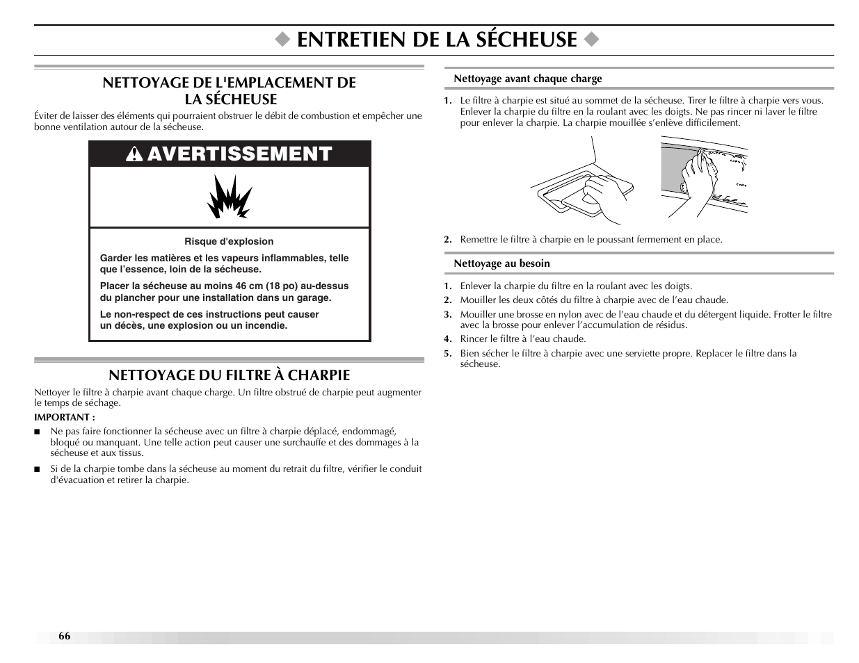 Entretien de la sécheuse, Avertissement | Maytag ELECTRIC DYER User Manual | Page 66 / 72