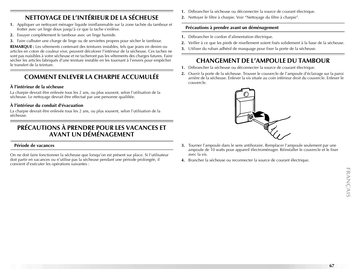 Nettoyage de l’intérieur de la sécheuse, Comment enlever la charpie accumulée, Changement de l’ampoule du tambour | Maytag ELECTRIC DYER User Manual | Page 67 / 72