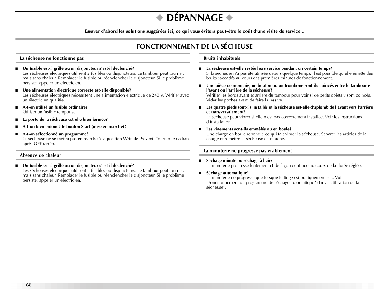 Dépannage, Fonctionnement de la sécheuse | Maytag ELECTRIC DYER User Manual | Page 68 / 72