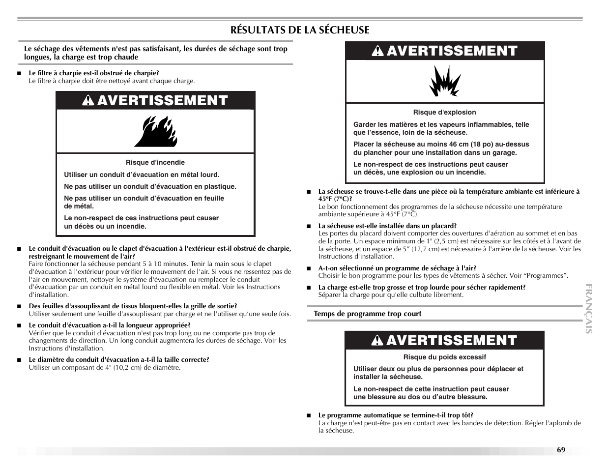 Avertissement, Résultats de la sécheuse | Maytag ELECTRIC DYER User Manual | Page 69 / 72