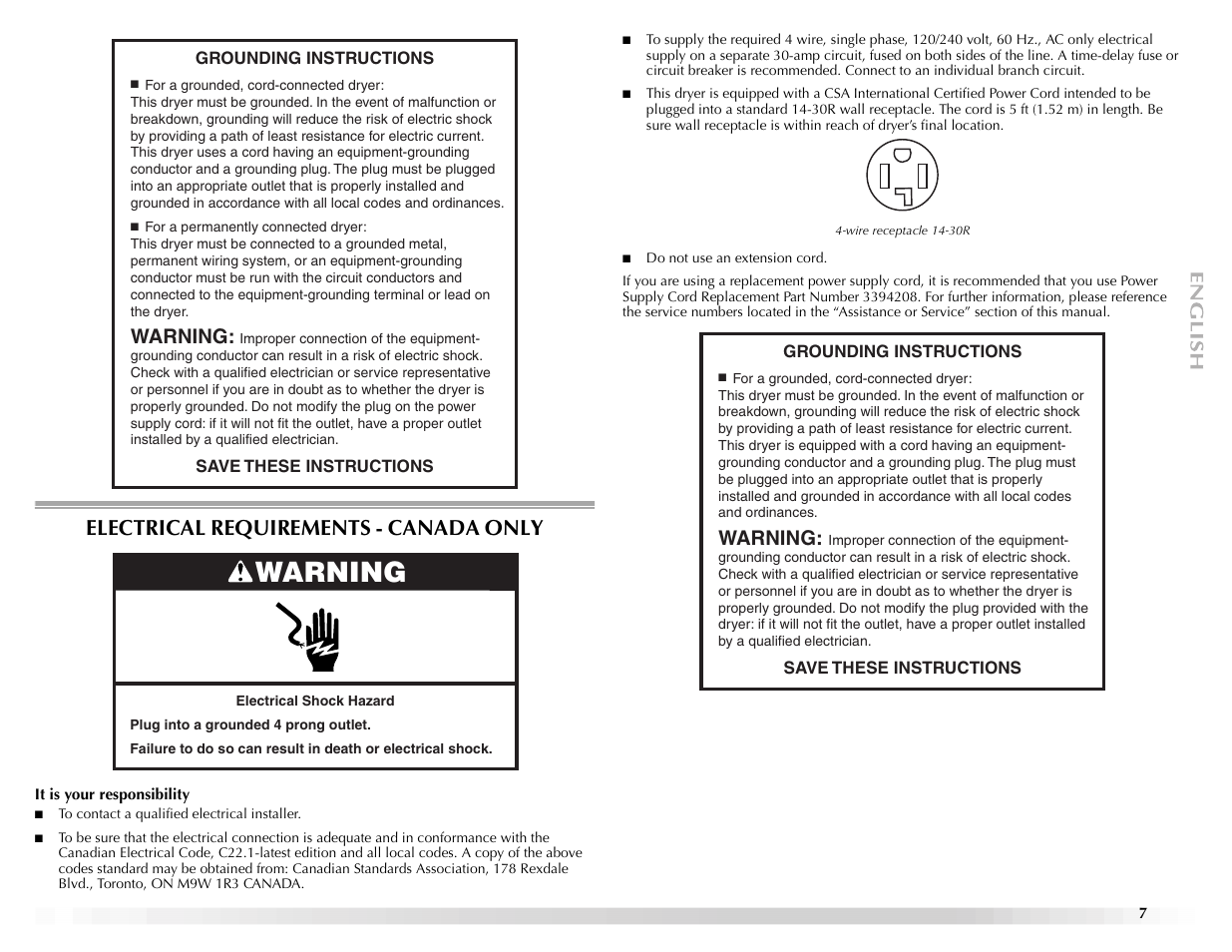 Electrical requirements - canada only, Warning | Maytag ELECTRIC DYER User Manual | Page 7 / 72