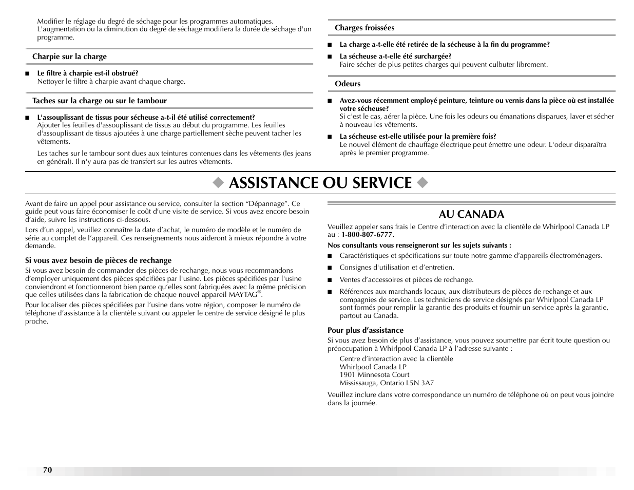 Assistance ou service, Au canada | Maytag ELECTRIC DYER User Manual | Page 70 / 72