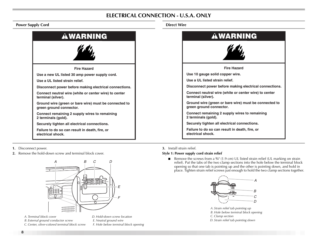 Warning, Electrical connection - u.s.a. only | Maytag ELECTRIC DYER User Manual | Page 8 / 72