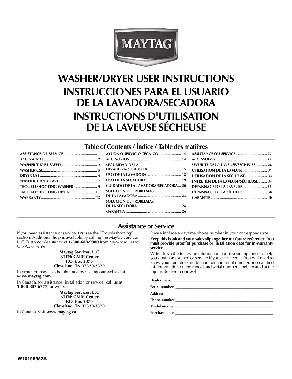 Maytag W10196552A User Manual | 40 pages