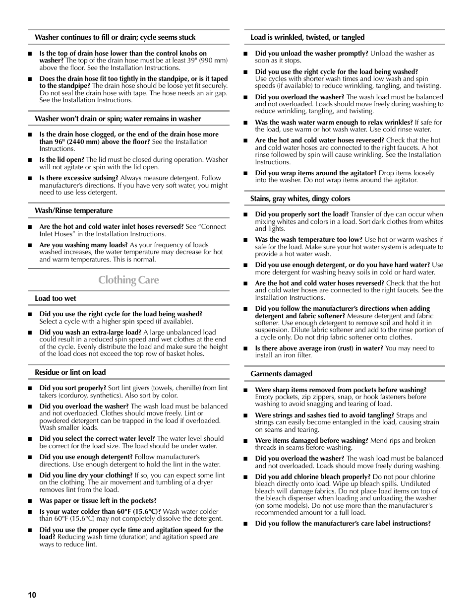 Wash/rinse temperature, Clothing care, Load too wet | Residue or lint on load, Load is wrinkled, twisted, or tangled, Stains, gray whites, dingy colors, Garments damaged | Maytag W10196552A User Manual | Page 10 / 40