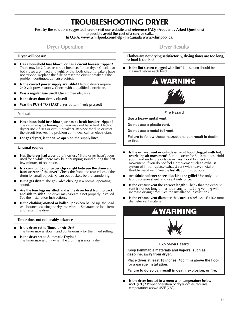 Troubleshooting dryer, Dryer operation, Dryer will not run | No heat, Unusual sounds, Timer does not noticeably advance, Dryer results, Warning | Maytag W10196552A User Manual | Page 11 / 40