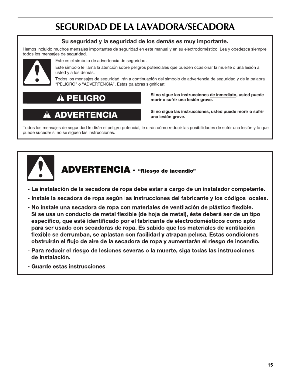Seguridad de la lavadora/secadora, Advertencia peligro | Maytag W10196552A User Manual | Page 15 / 40