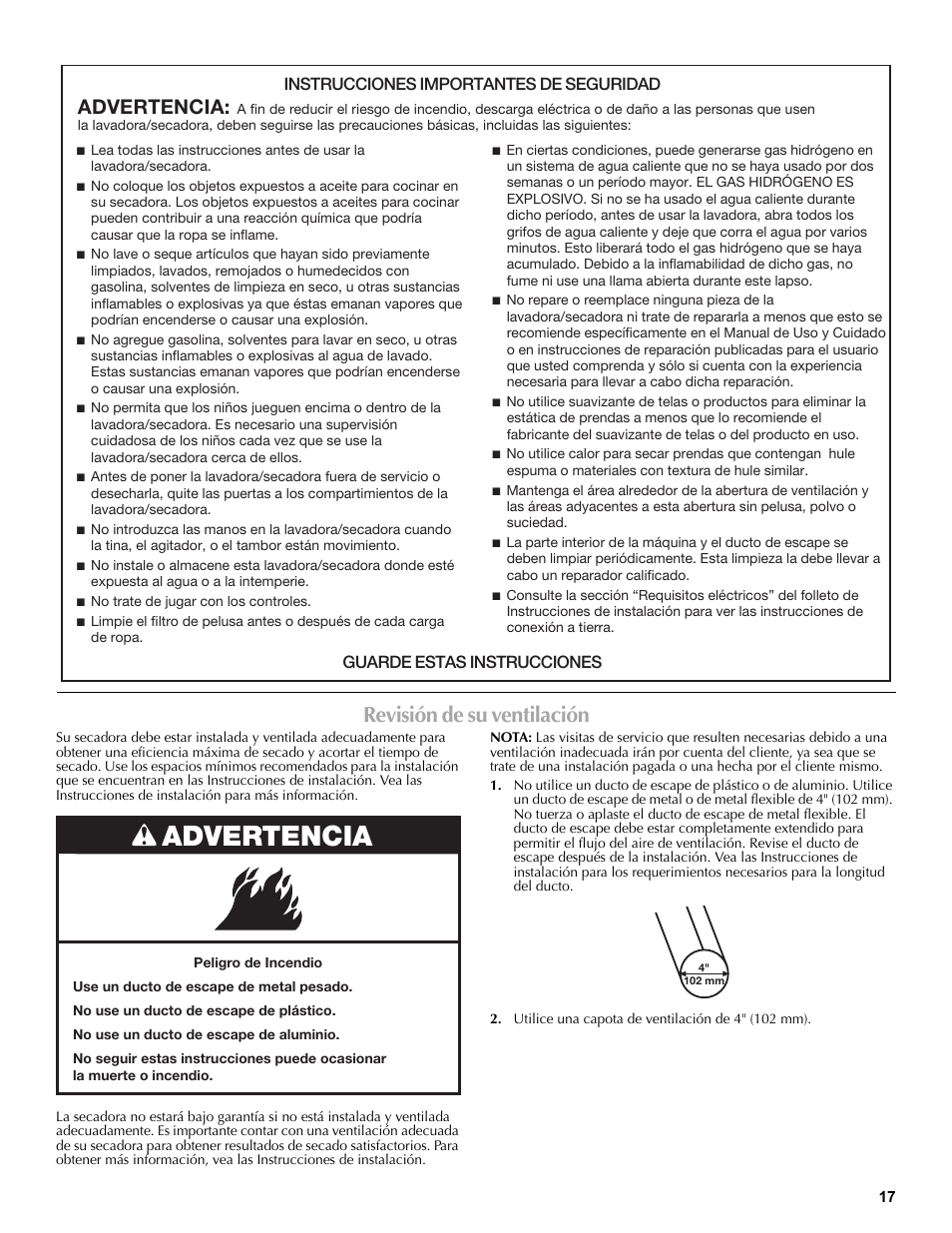 Revisión de su ventilación, Utilice una capota de ventilación de 4" (102 mm), Advertencia | Instrucciones importantes de seguridad, Guarde estas instrucciones | Maytag W10196552A User Manual | Page 17 / 40