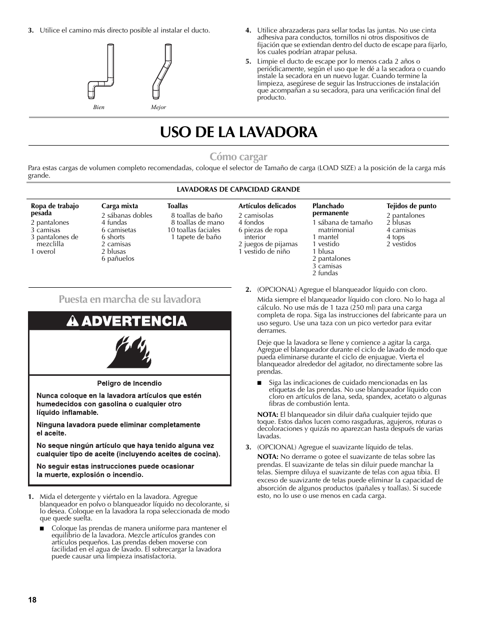 Uso de la lavadora, Cómo cargar, Lavadoras de capacidad grande | Puesta en marcha de su lavadora, (opcional) agregue el suavizante líquido de telas | Maytag W10196552A User Manual | Page 18 / 40