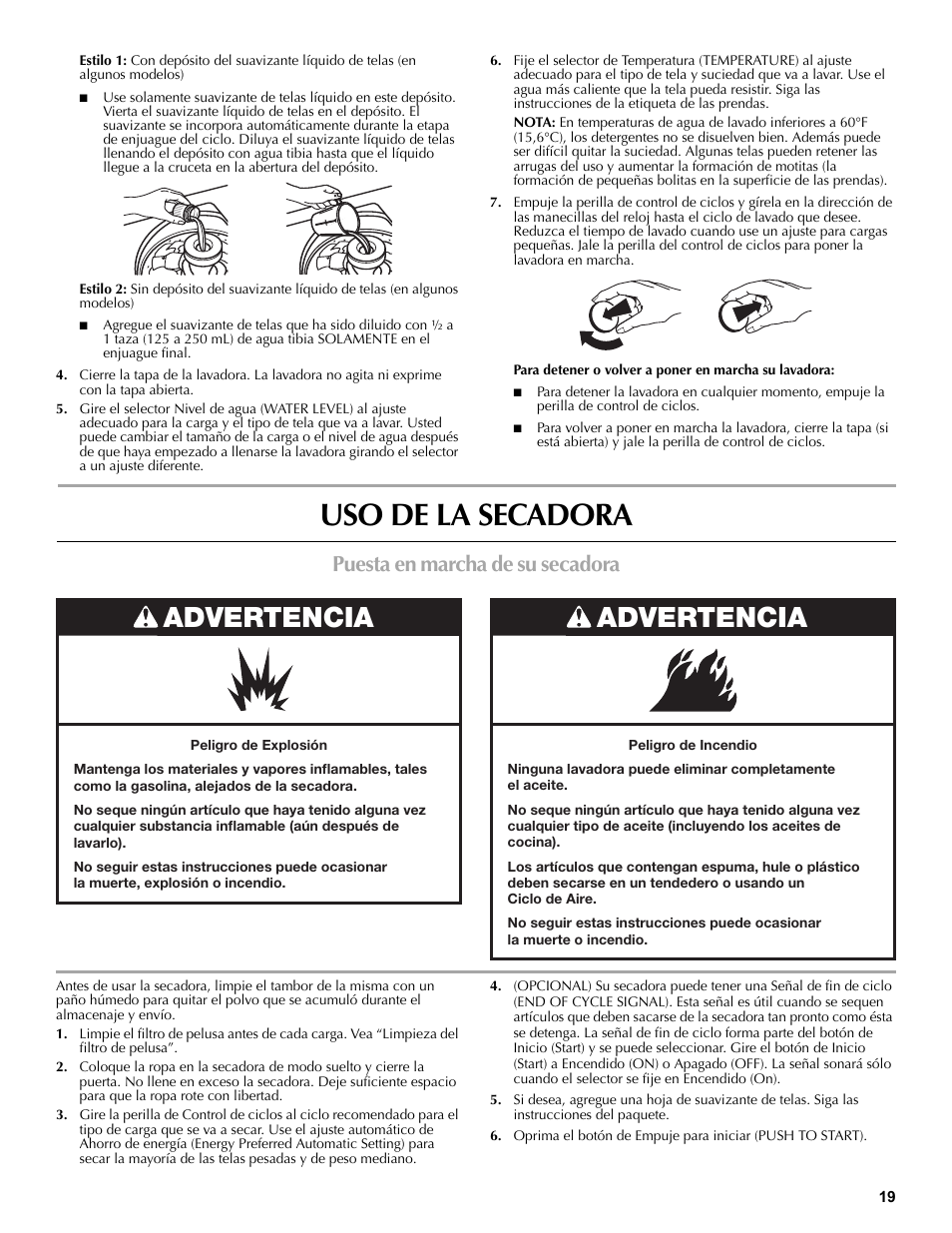 Uso de la secadora, Puesta en marcha de su secadora, Advertencia | Maytag W10196552A User Manual | Page 19 / 40