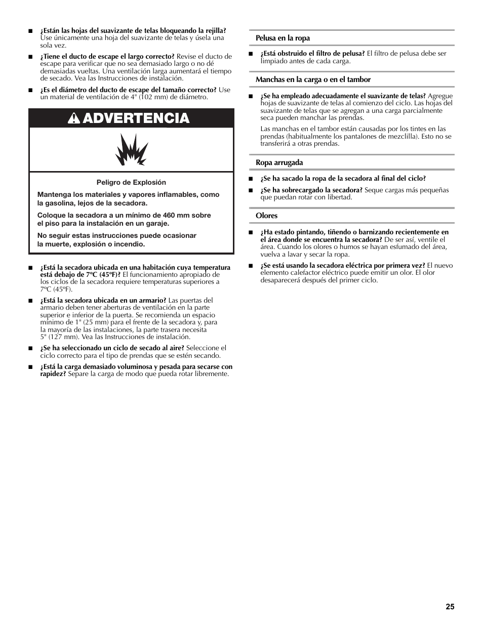 Pelusa en la ropa, Manchas en la carga o en el tambor, Ropa arrugada | Olores, Advertencia | Maytag W10196552A User Manual | Page 25 / 40