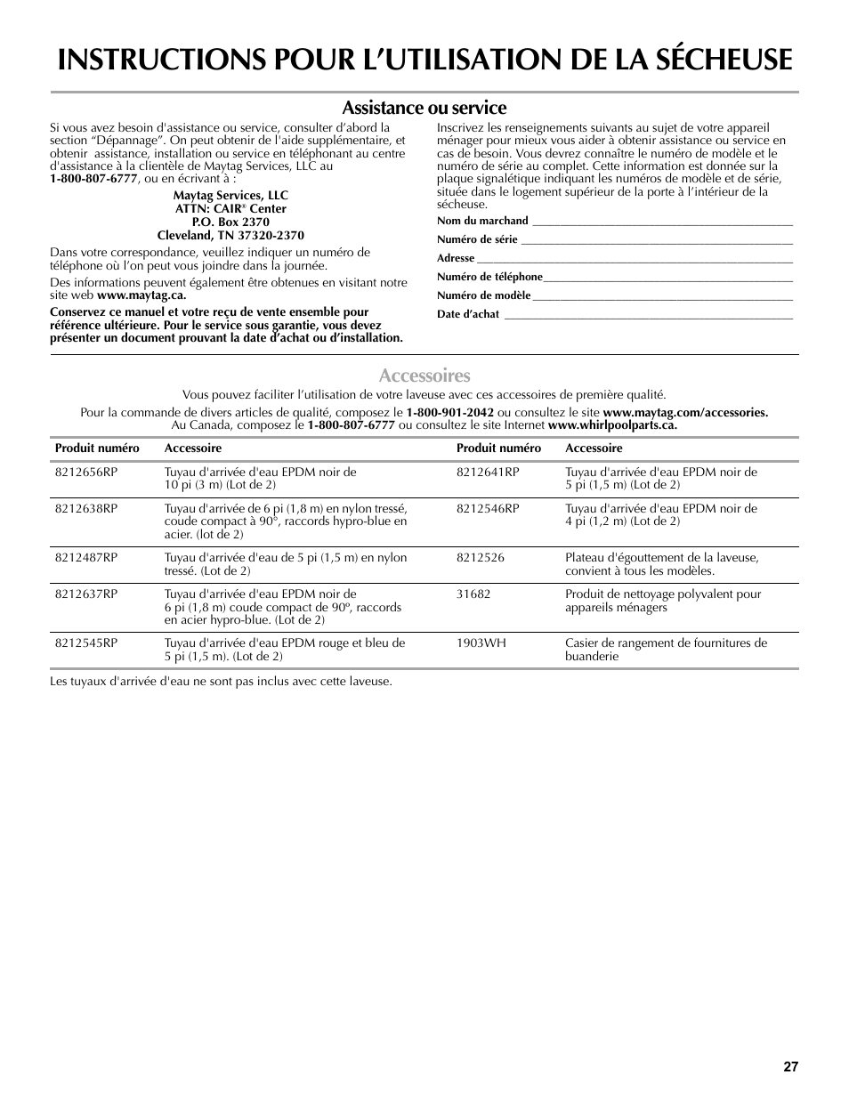 Instructions pour l’utilisation de la sécheuse, Assistance ou service, Accessoires | Maytag W10196552A User Manual | Page 27 / 40