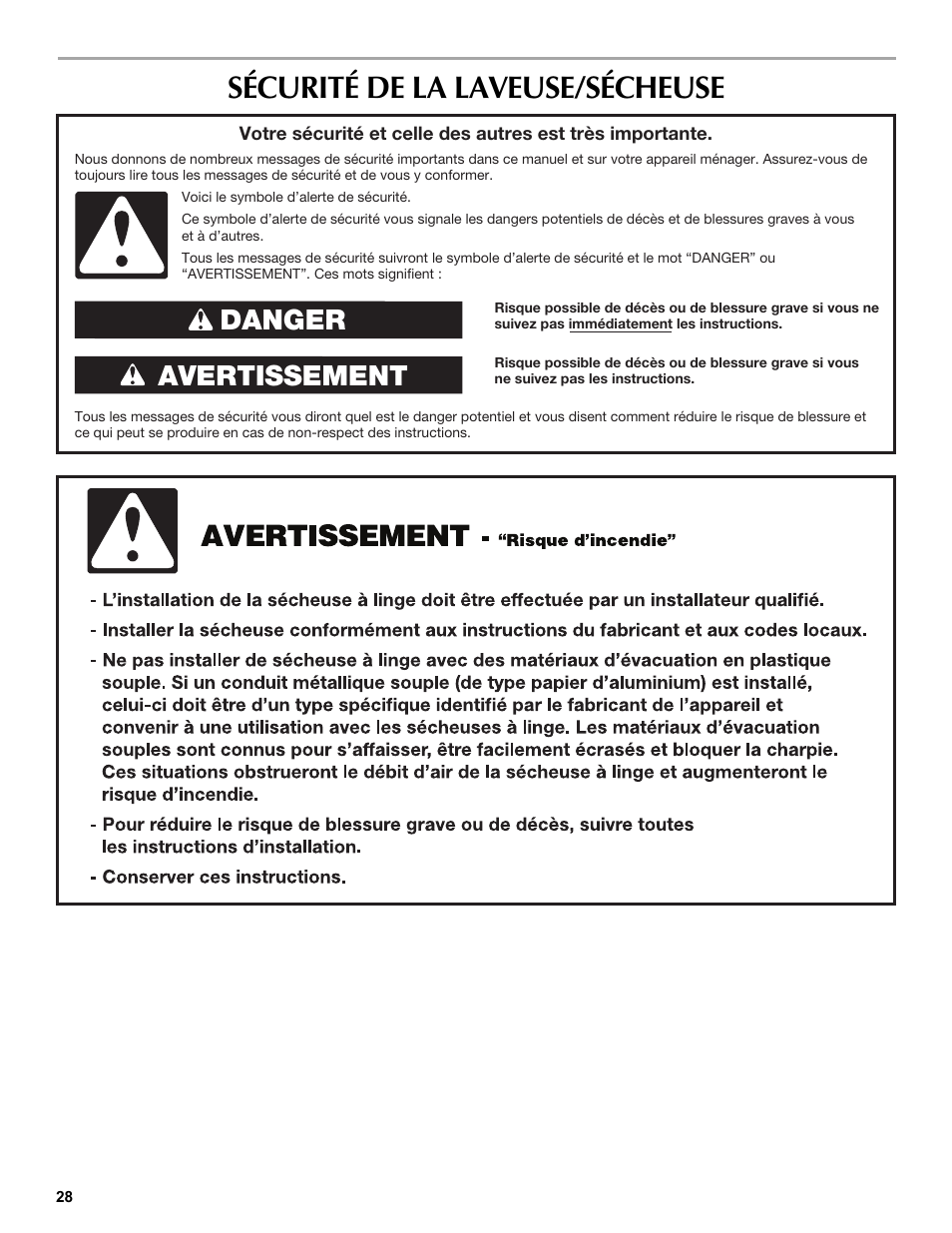 Sécurité de la laveuse/sécheuse, Avertissement danger | Maytag W10196552A User Manual | Page 28 / 40