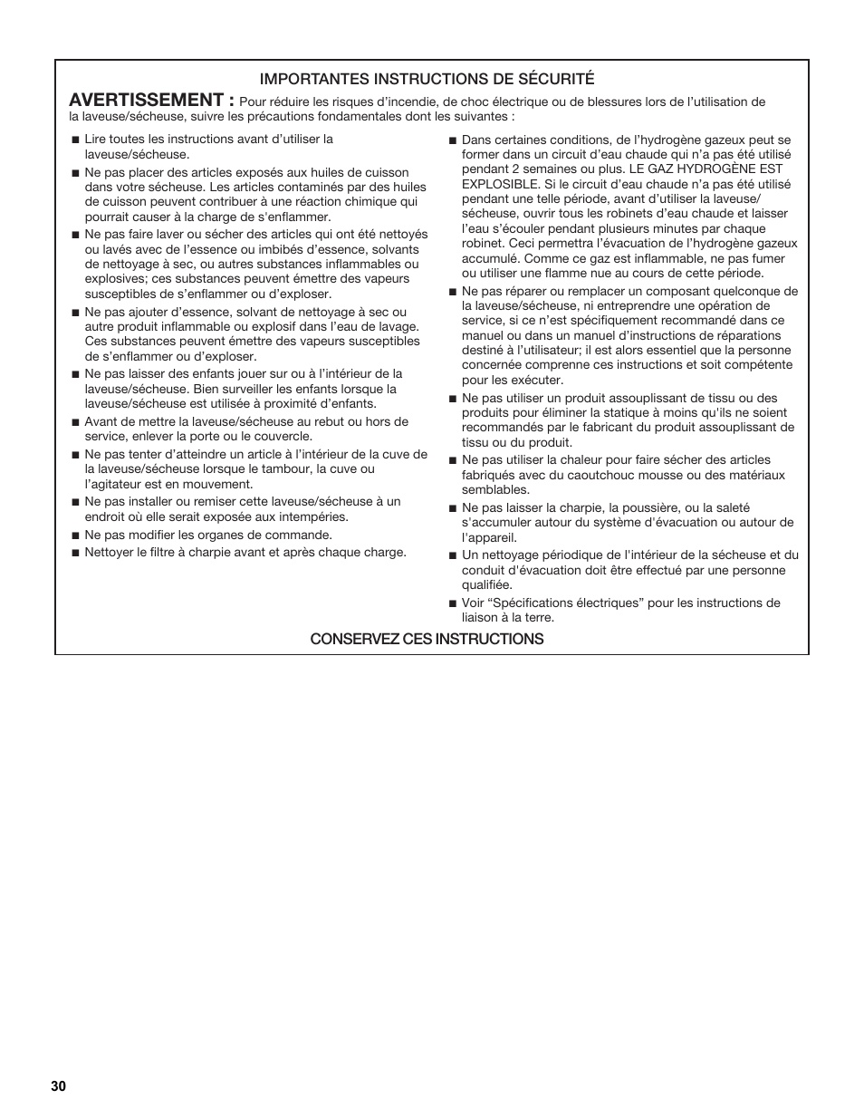 Avertissement, Importantes instructions de sécurité, Conservez ces instructions | Maytag W10196552A User Manual | Page 30 / 40
