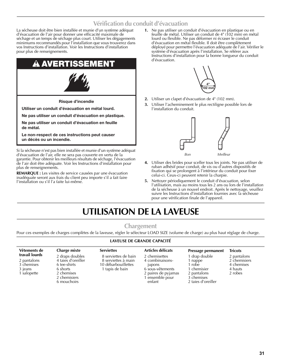 Vérification du conduit d’évacuation, Utiliser un clapet d’évacuation de 4" (102 mm), Meilleur | Utilisation de la laveuse, Chargement, Laveuse de grande capacité, Avertissement | Maytag W10196552A User Manual | Page 31 / 40