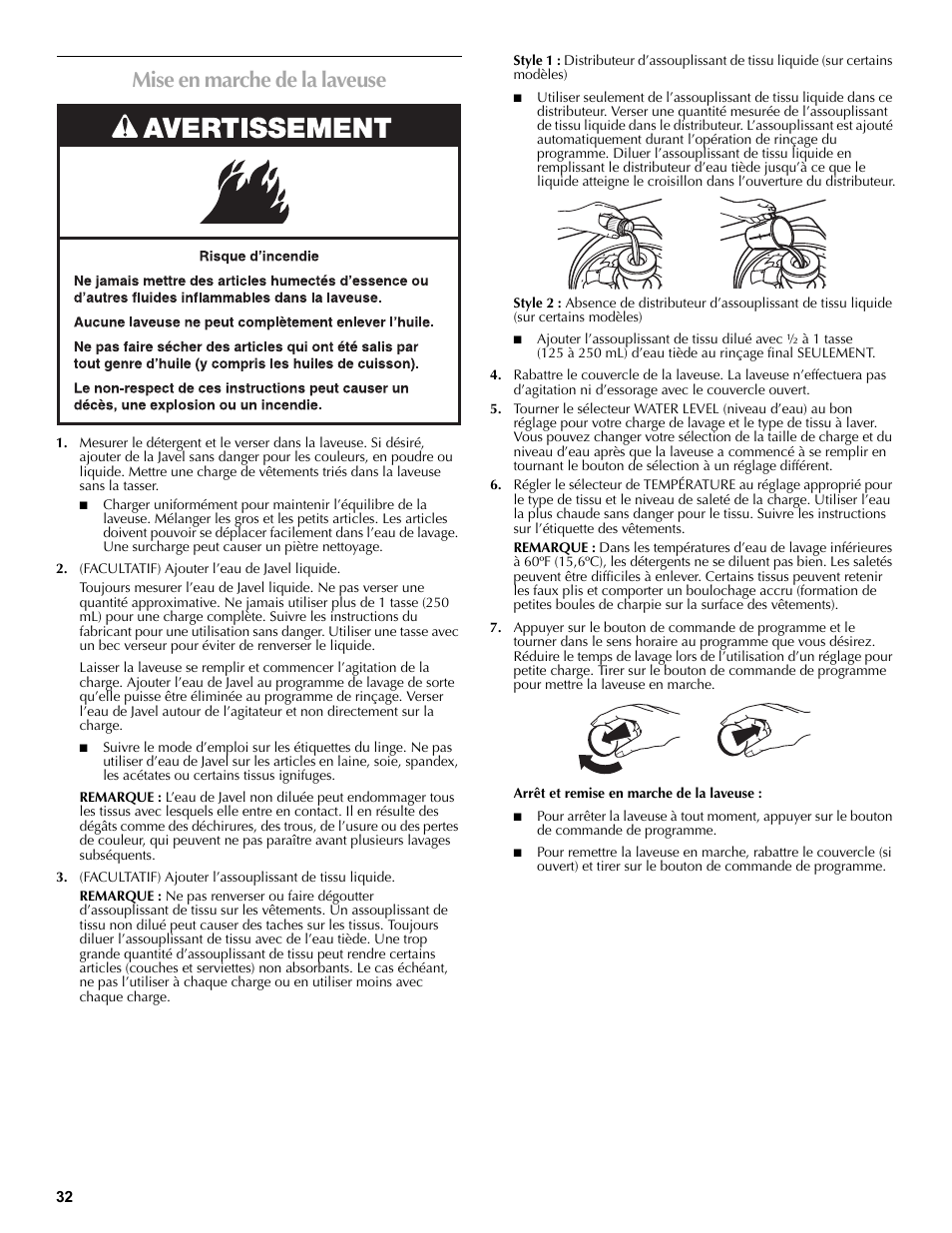 Mise en marche de la laveuse, (facultatif) ajouter l’eau de javel liquide | Maytag W10196552A User Manual | Page 32 / 40