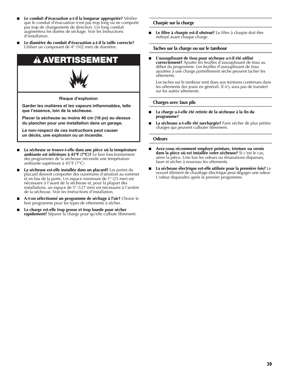 Charpie sur la charge, Taches sur la charge ou sur le tambour, Charges avec faux plis | Odeurs, Avertissement | Maytag W10196552A User Manual | Page 39 / 40
