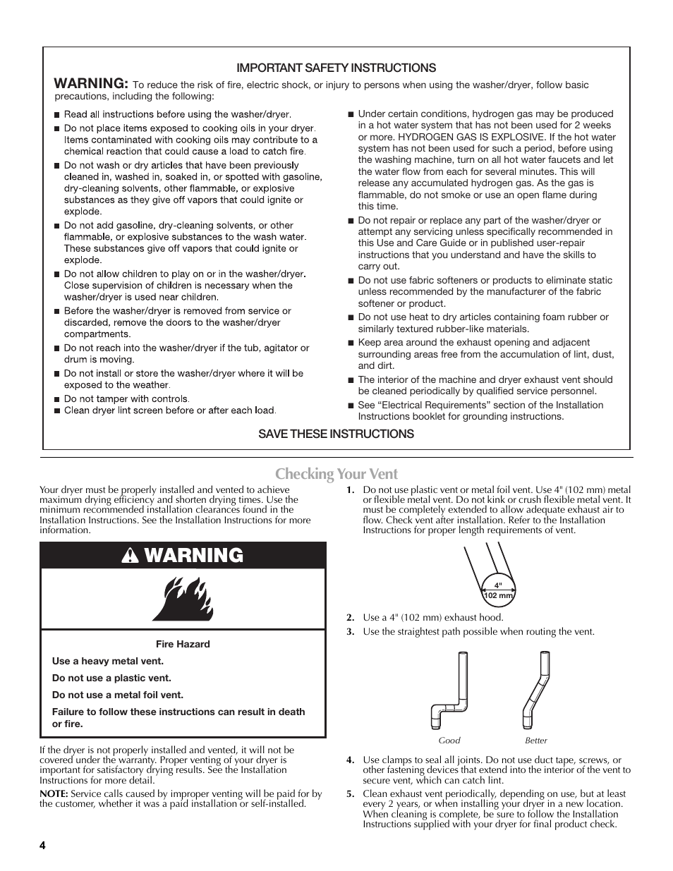 Checking your vent, Use a 4" (102 mm) exhaust hood, Good | Better, Warning | Maytag W10196552A User Manual | Page 4 / 40