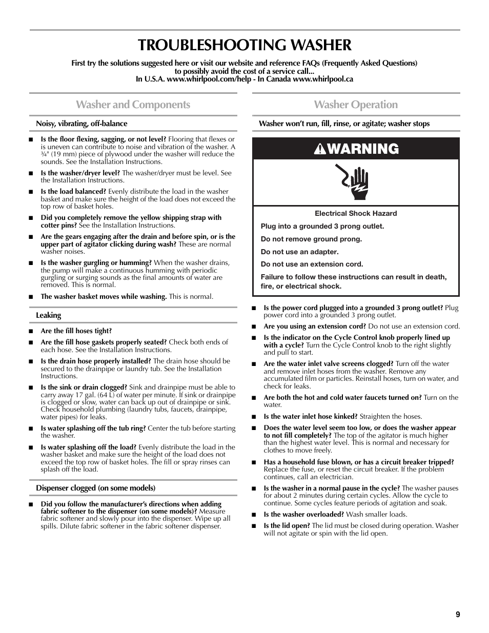 Troubleshooting washer, Washer and components, Noisy, vibrating, off-balance | Leaking, Dispenser clogged (on some models), Washer operation, Warning | Maytag W10196552A User Manual | Page 9 / 40