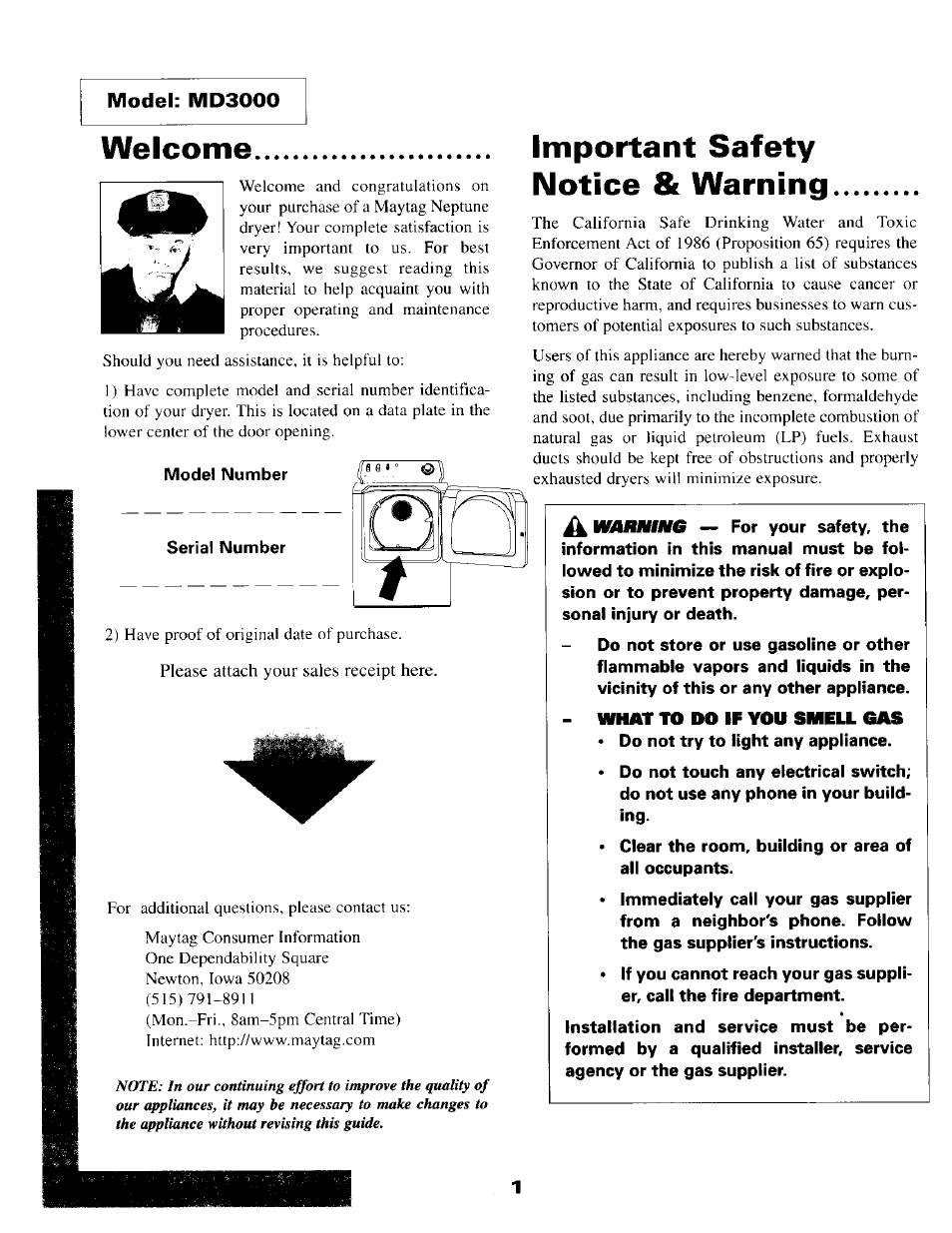 Welcome, Important safety notice & warning | Maytag MD3000 User Manual | Page 2 / 11