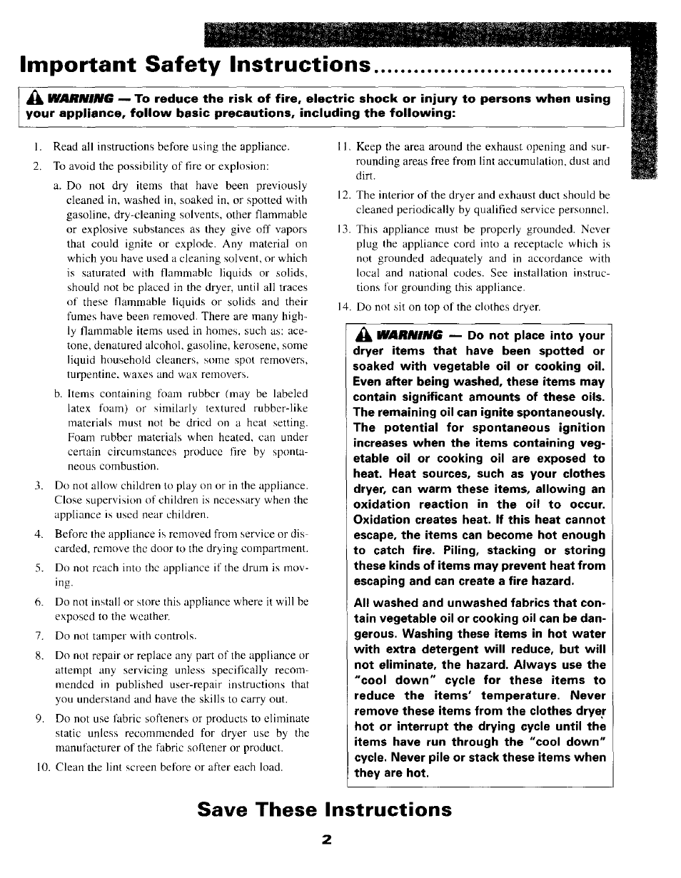 Important safety instructions, Save these instructions, Safety instructions -2 | Maytag MD3000 User Manual | Page 3 / 11