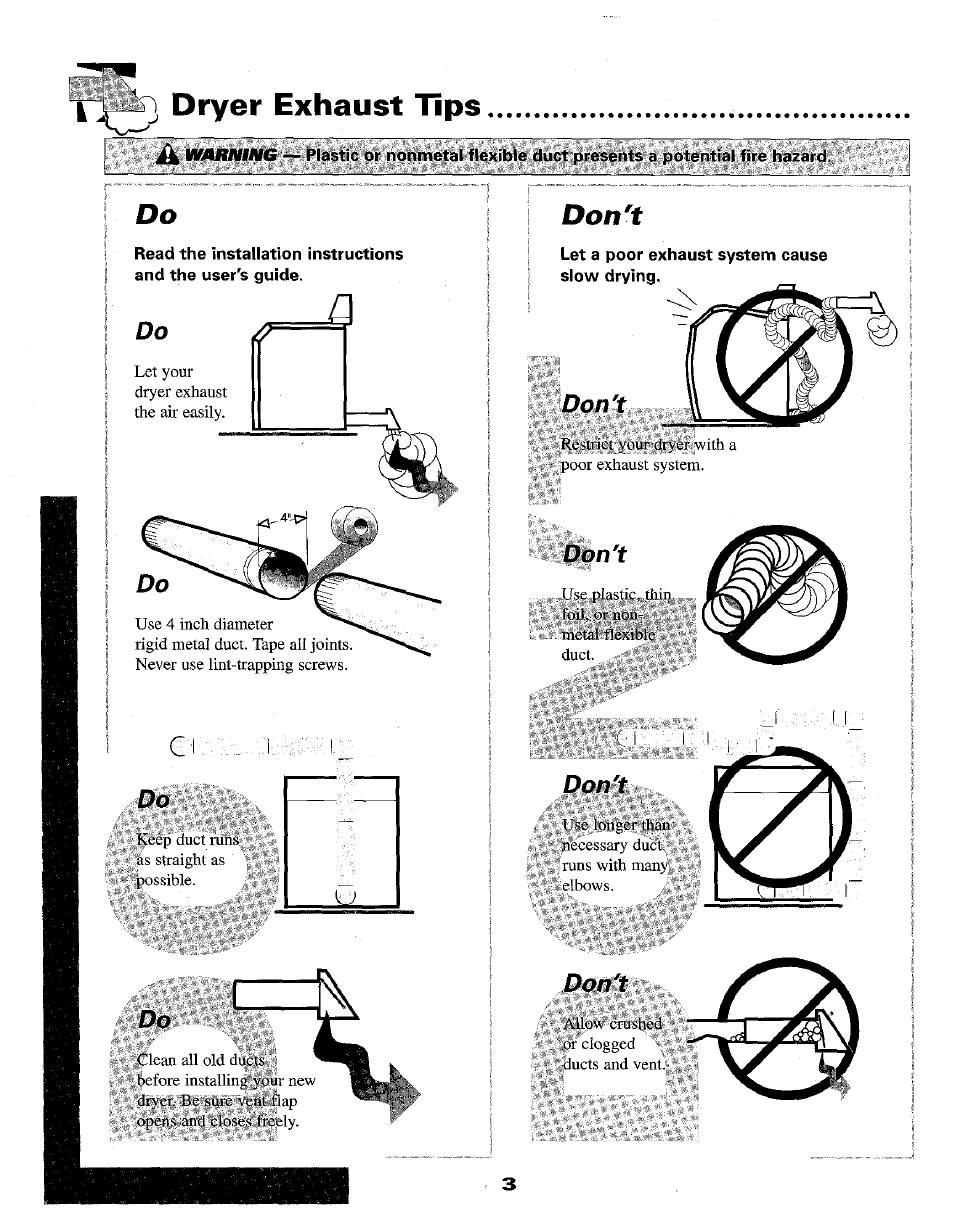 Dryer exhaust tips, Don't | Maytag MD3000 User Manual | Page 4 / 11