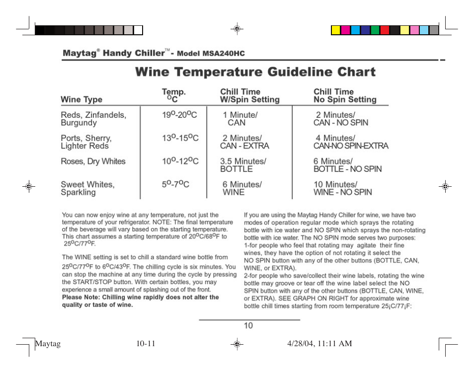 Wine temperature guideline chart | Maytag MSA240HC User Manual | Page 10 / 16