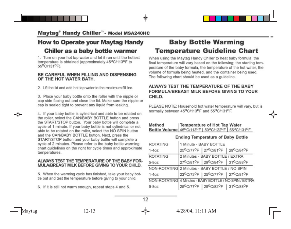 Baby bottle warming temperature guideline chart | Maytag MSA240HC User Manual | Page 12 / 16