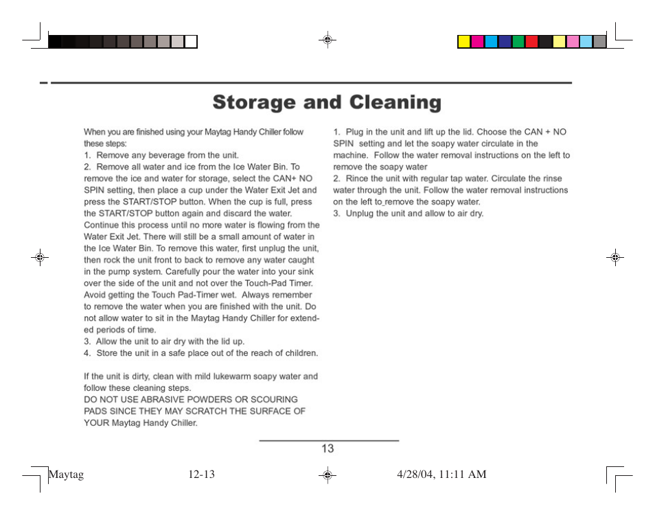 Storage and cleaning | Maytag MSA240HC User Manual | Page 13 / 16