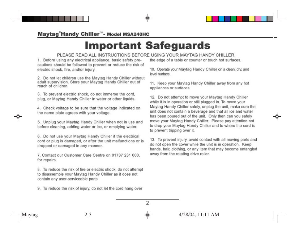 Important safeguards | Maytag MSA240HC User Manual | Page 2 / 16