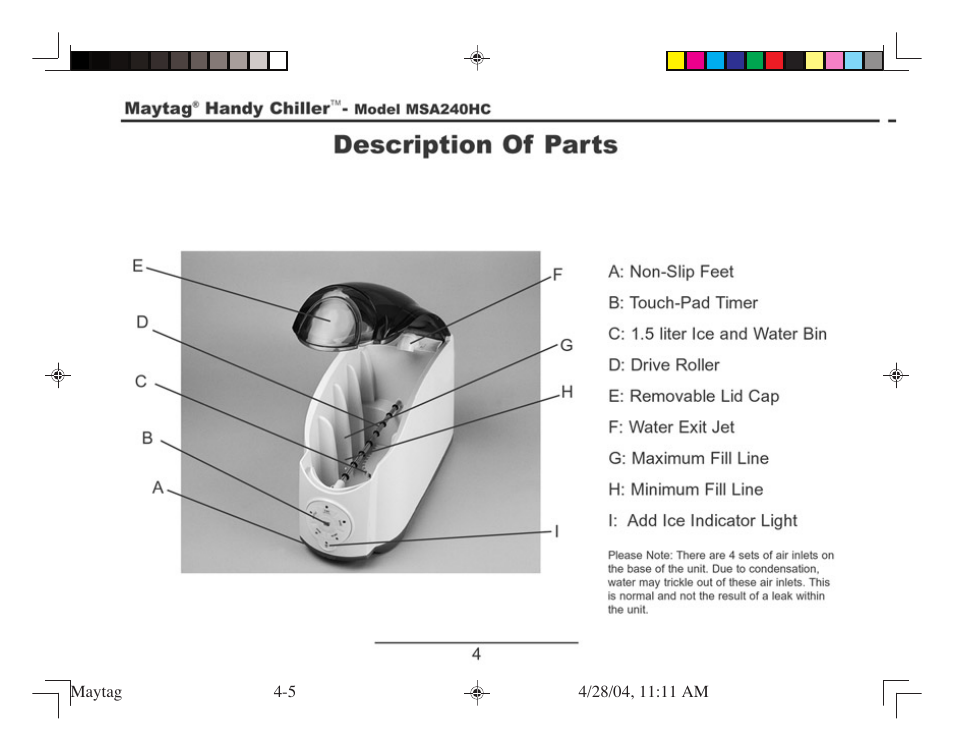 Description of parts | Maytag MSA240HC User Manual | Page 4 / 16