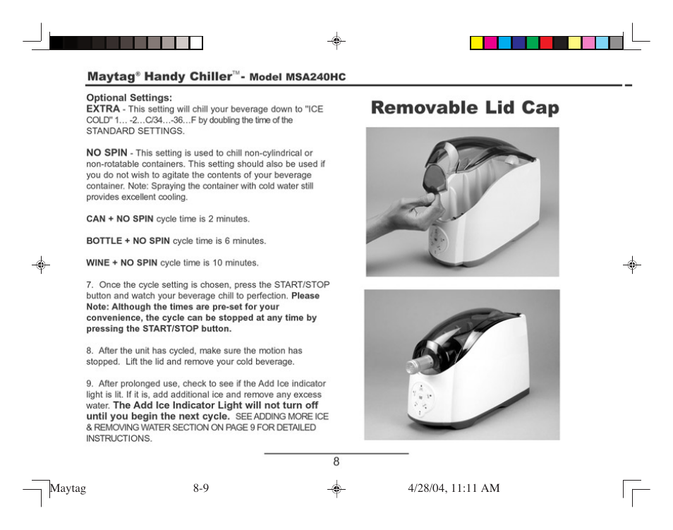 Removable lid cap | Maytag MSA240HC User Manual | Page 8 / 16