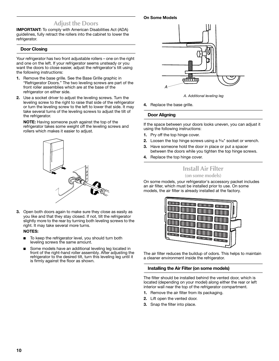 Adjust the doors, Install air filter | Maytag W10359302A User Manual | Page 10 / 74