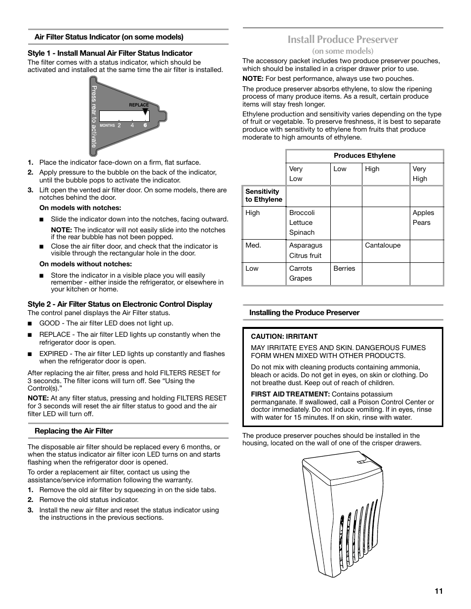 Install produce preserver, On some models), Replacing the air filter | Installing the produce preserver | Maytag W10359302A User Manual | Page 11 / 74