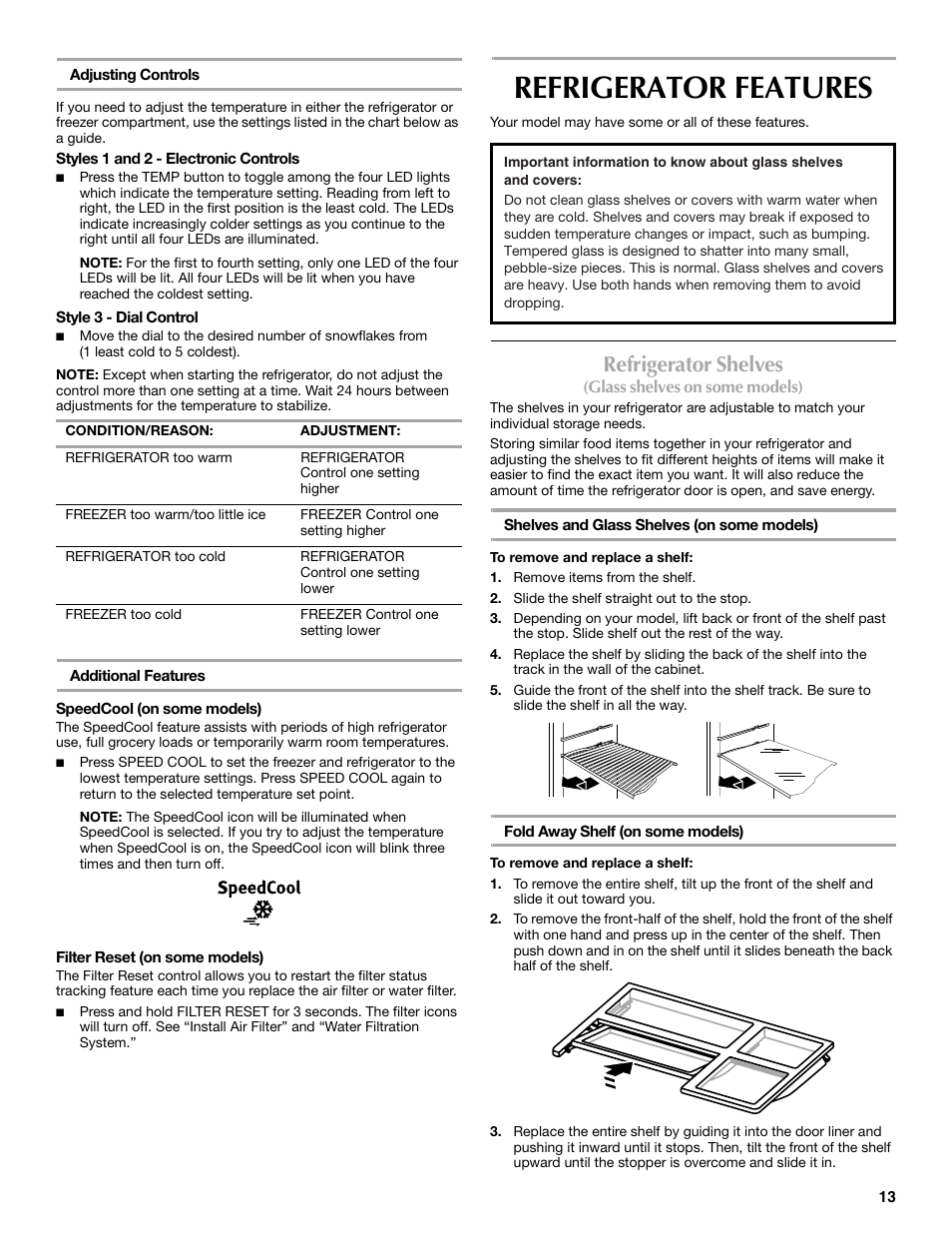Refrigerator features, Refrigerator shelves | Maytag W10359302A User Manual | Page 13 / 74