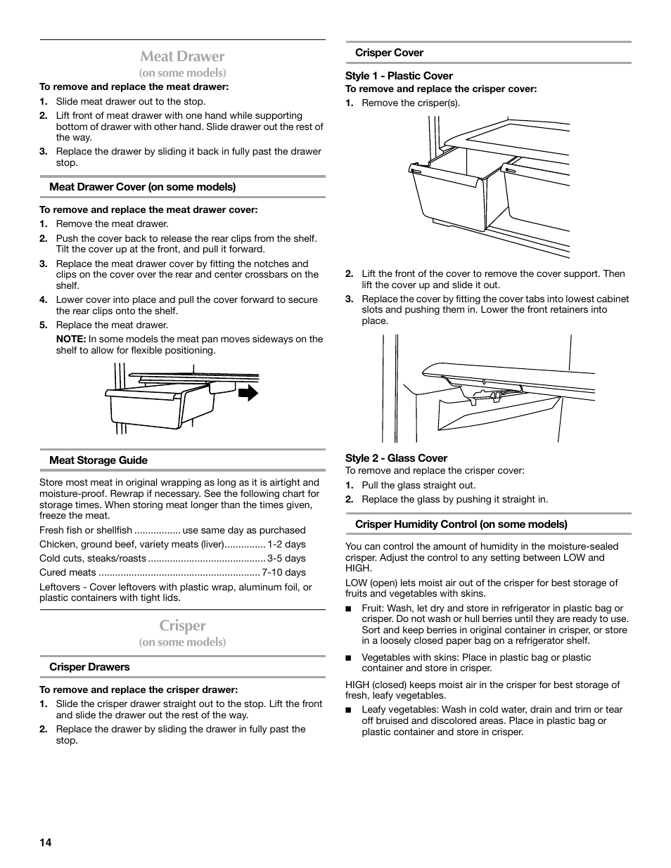 Meat drawer, Crisper | Maytag W10359302A User Manual | Page 14 / 74