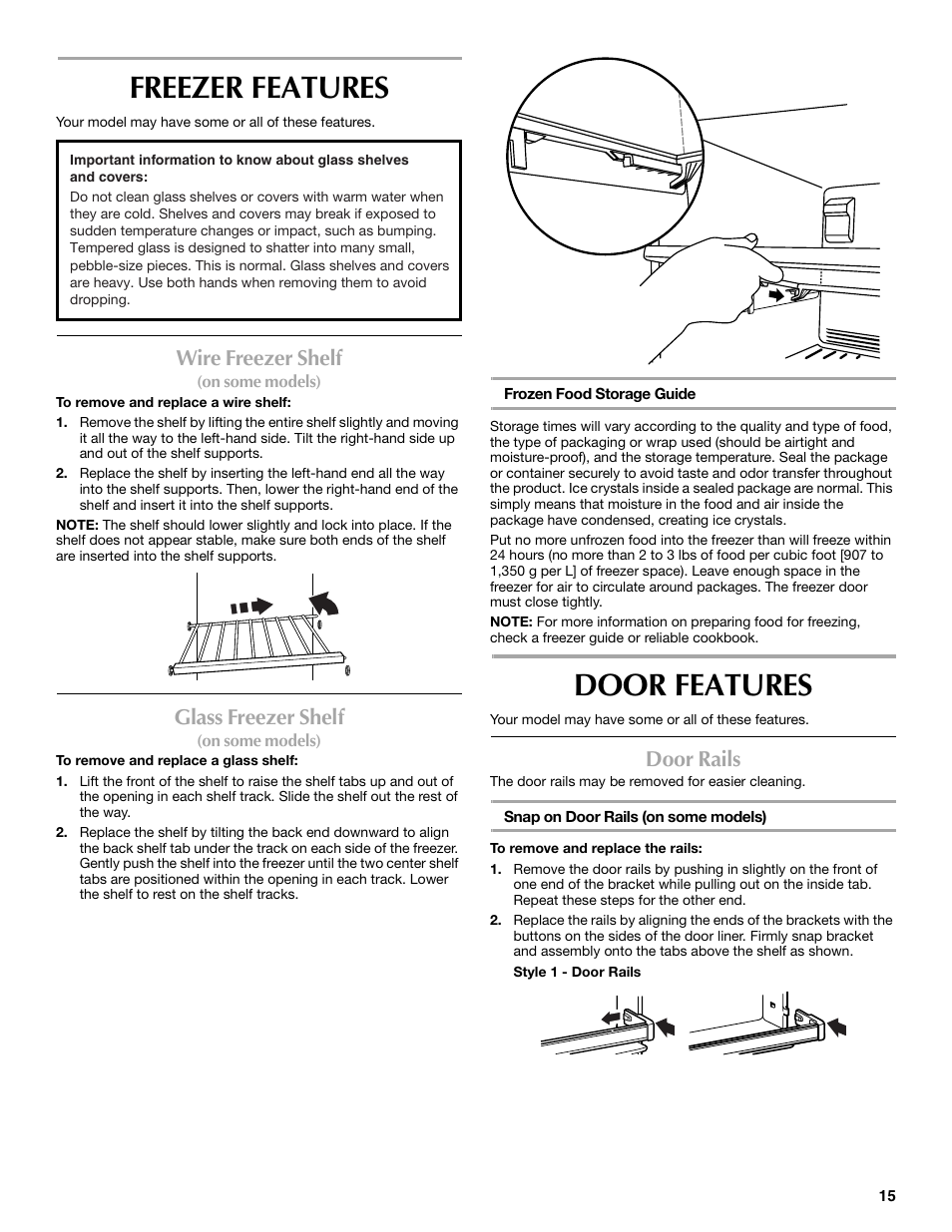 Freezer features, Door features, Wire freezer shelf | Glass freezer shelf, Door rails | Maytag W10359302A User Manual | Page 15 / 74