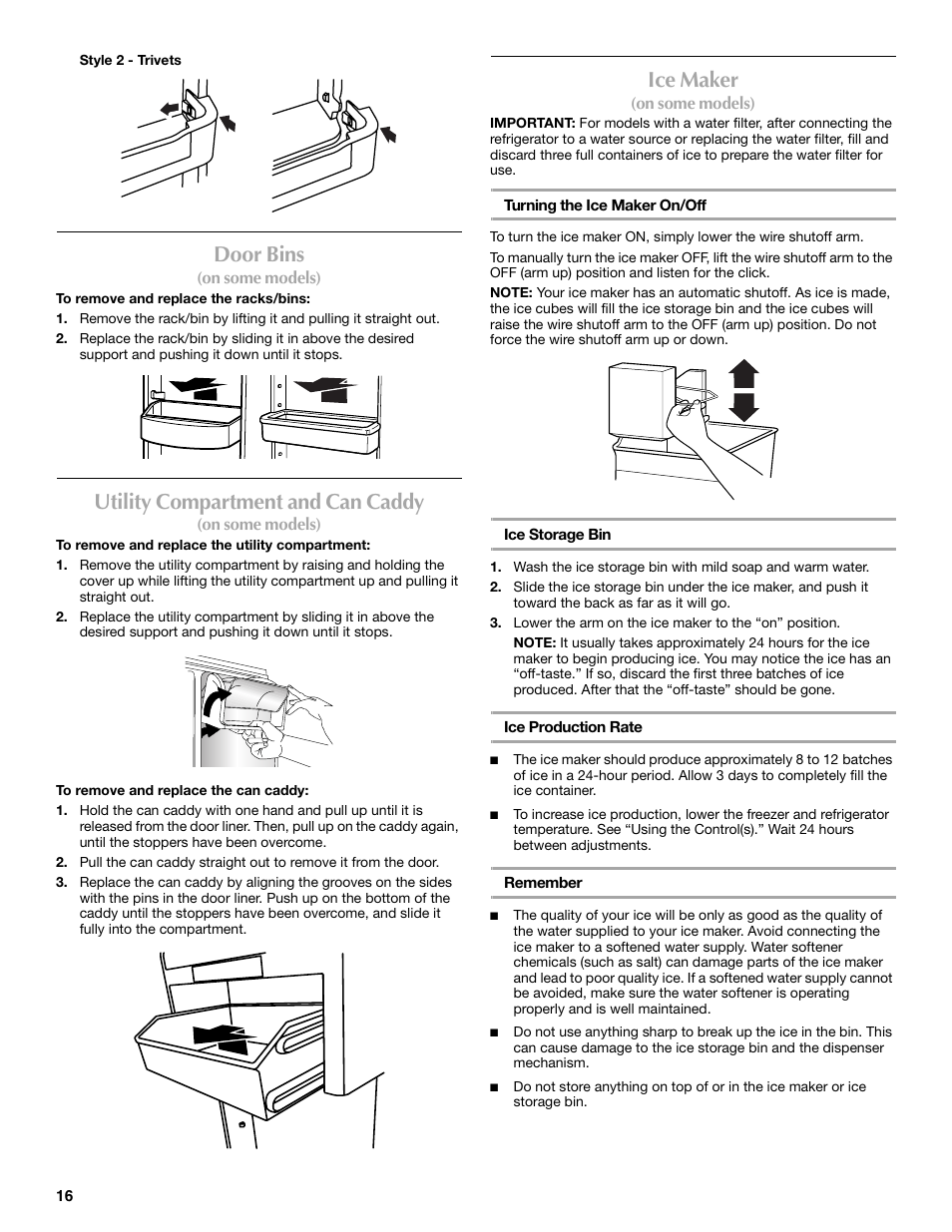 Door bins, Utility compartment and can caddy, Ice maker | Maytag W10359302A User Manual | Page 16 / 74