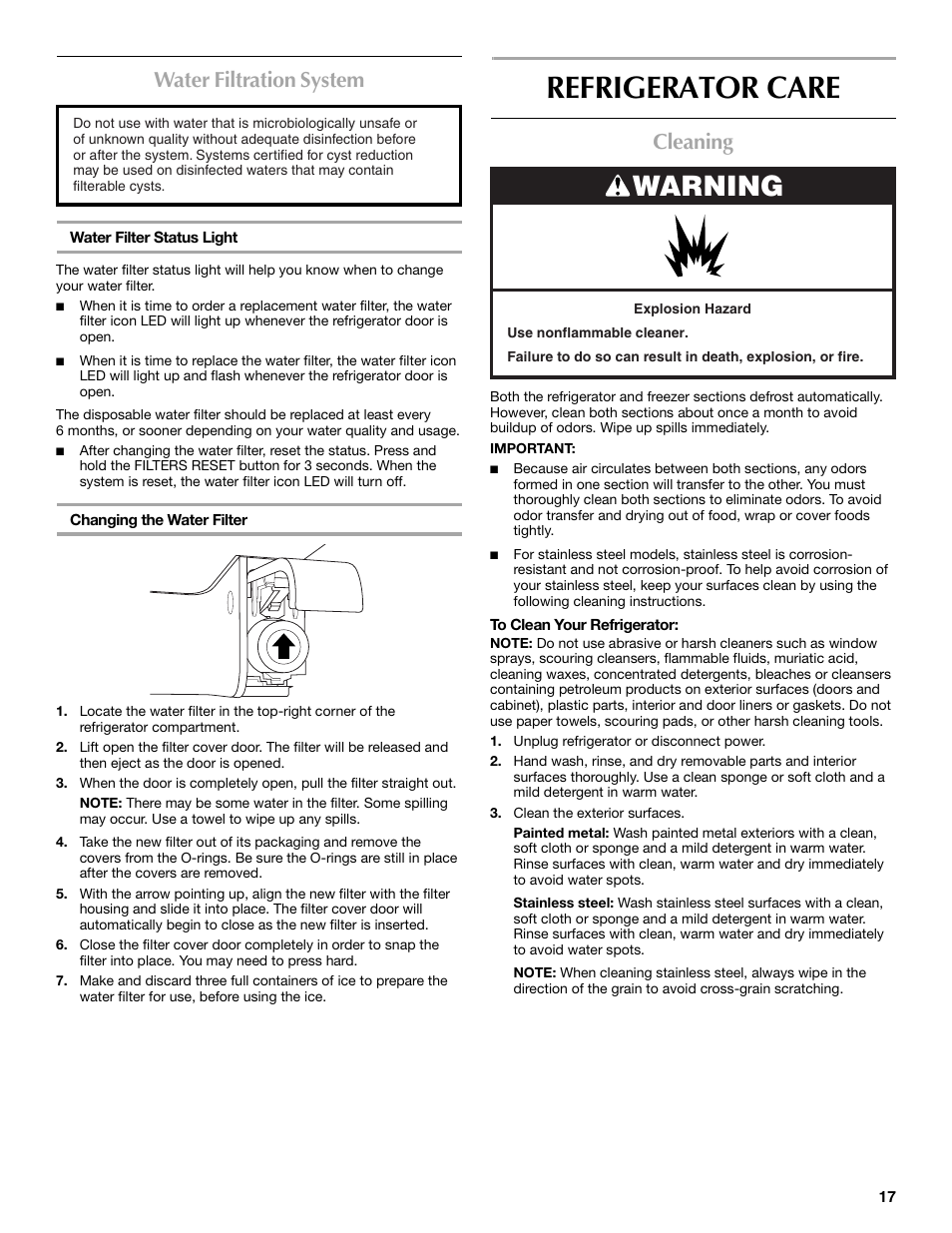 Refrigerator care, Warning, Water filtration system | Cleaning | Maytag W10359302A User Manual | Page 17 / 74