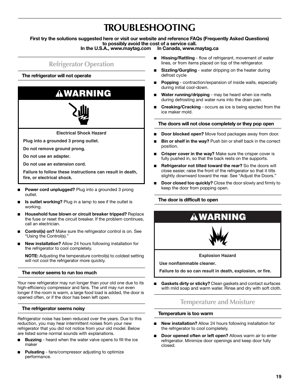 Troubleshooting, Warning, Refrigerator operation | Temperature and moisture | Maytag W10359302A User Manual | Page 19 / 74