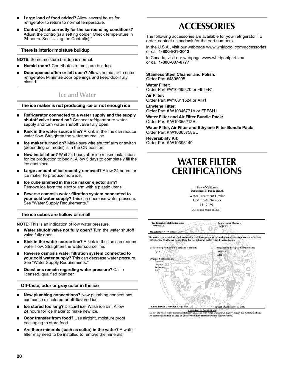Accessories, Water filter certifications, Ice and water | Maytag W10359302A User Manual | Page 20 / 74