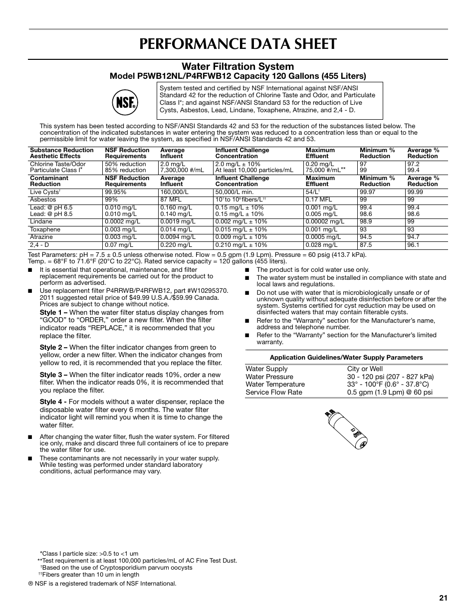 Performance data sheet, Water filtration system | Maytag W10359302A User Manual | Page 21 / 74