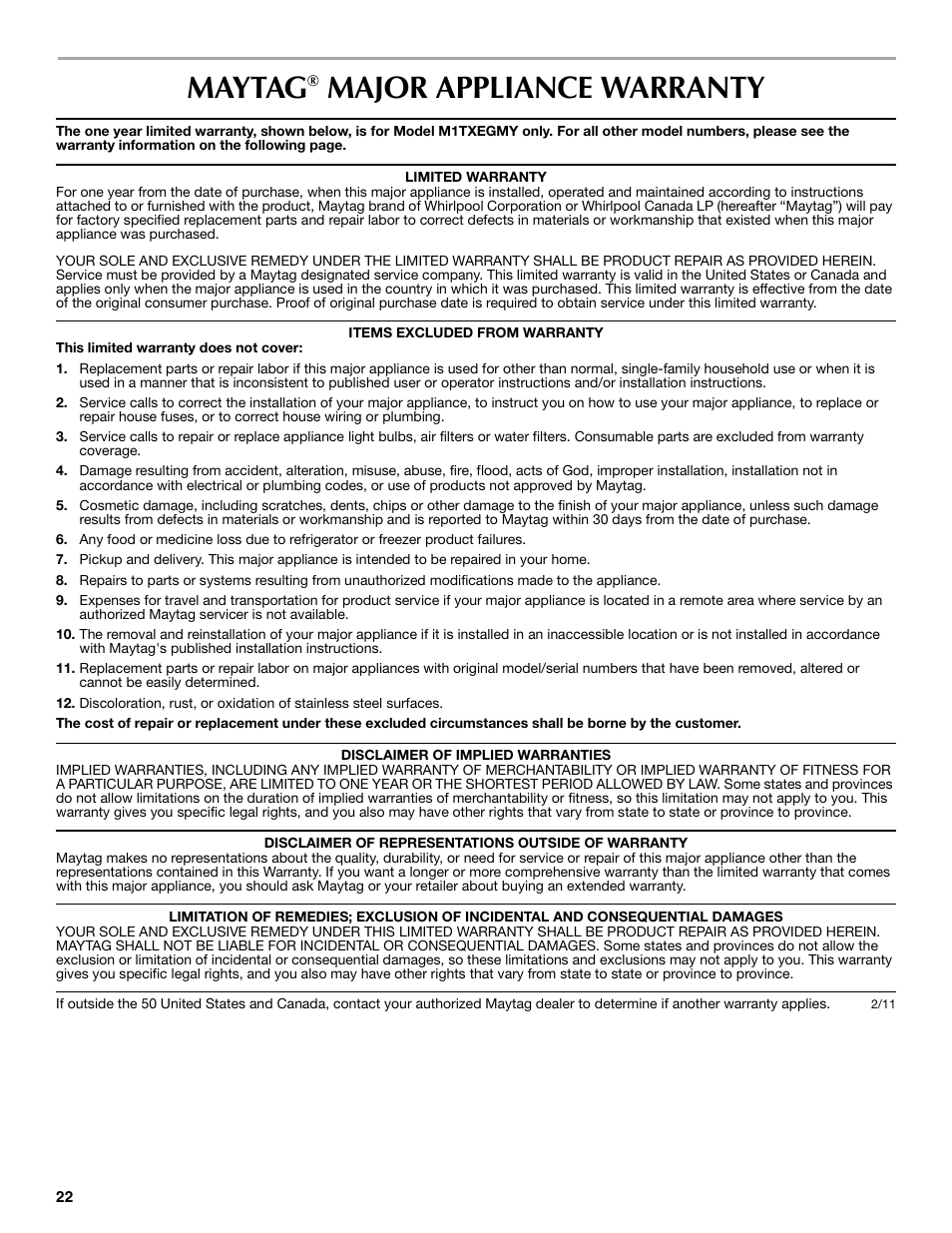 Maytag, Major appliance warranty | Maytag W10359302A User Manual | Page 22 / 74